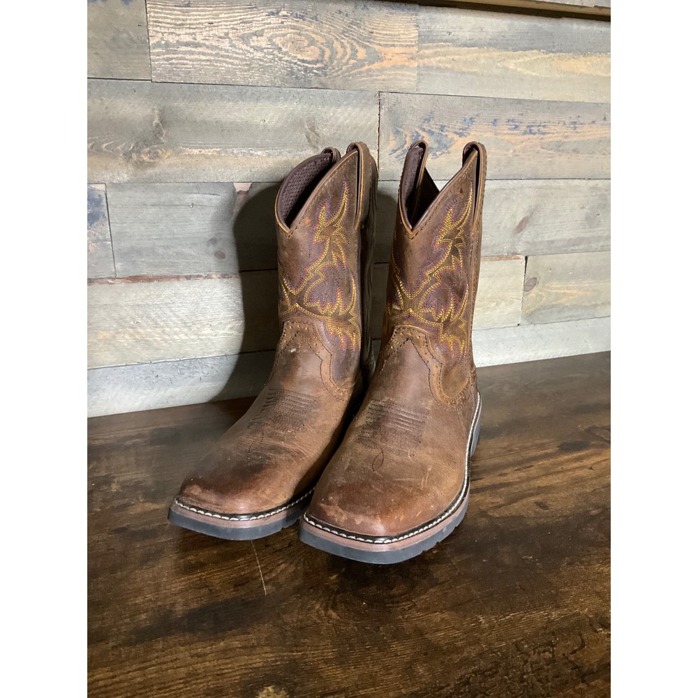 Justin Boots Brown Kids Western Pull-On Cowboy Boots Yellow Stitching-VG Cond